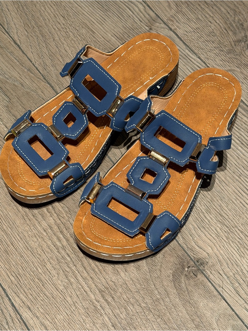 Women's Blue Geometric Cutout Slide Sandals